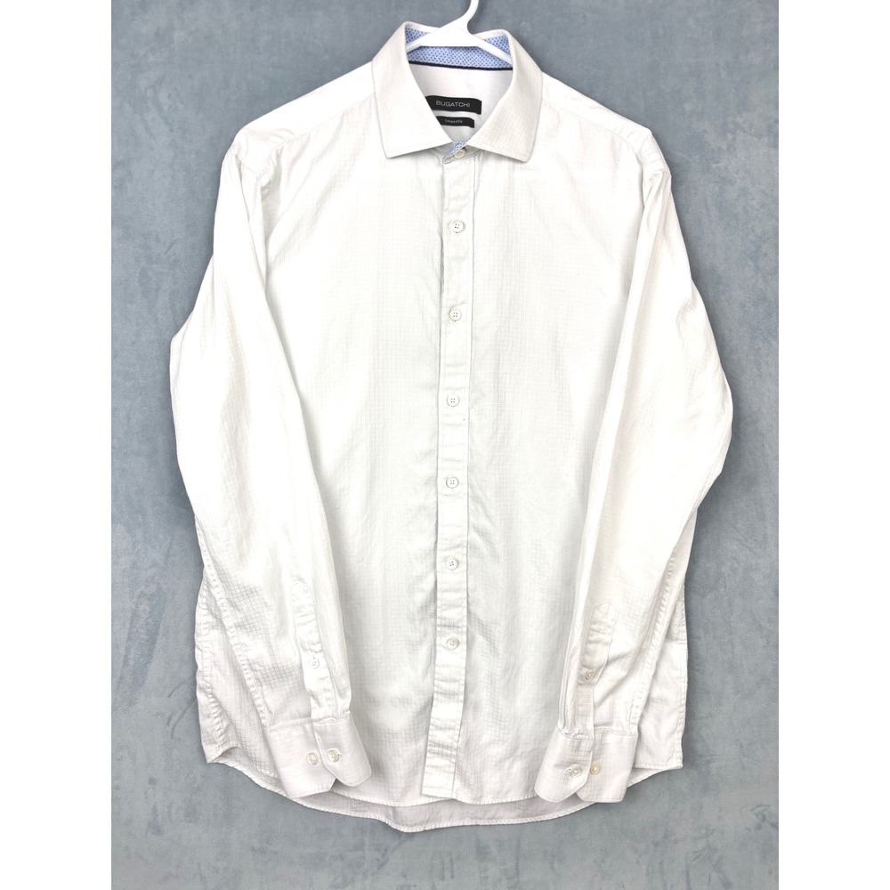 Bugatchi Uomo Mens White Textured Dobby Shaped Fit Button Down Shirt Medium